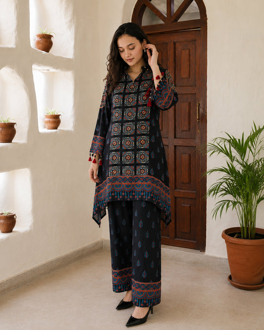 Black Modal Silk Ajrakh Print 2-Piece Co-Ord Set