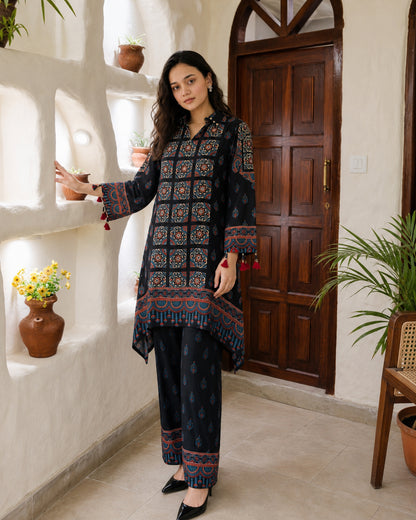 Black Modal Silk Ajrakh Print 2-Piece Co-Ord Set
