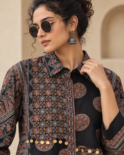 Relaxed Anti Fit Printed Modal Silk Shirt for Women – Ajrakh Motif Coin Embellishments