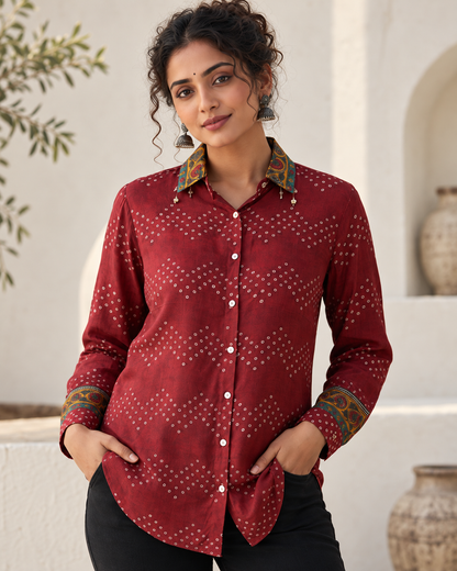 Regular Fit  Bandhej / Kalamkari Print Modal Silk Shirt