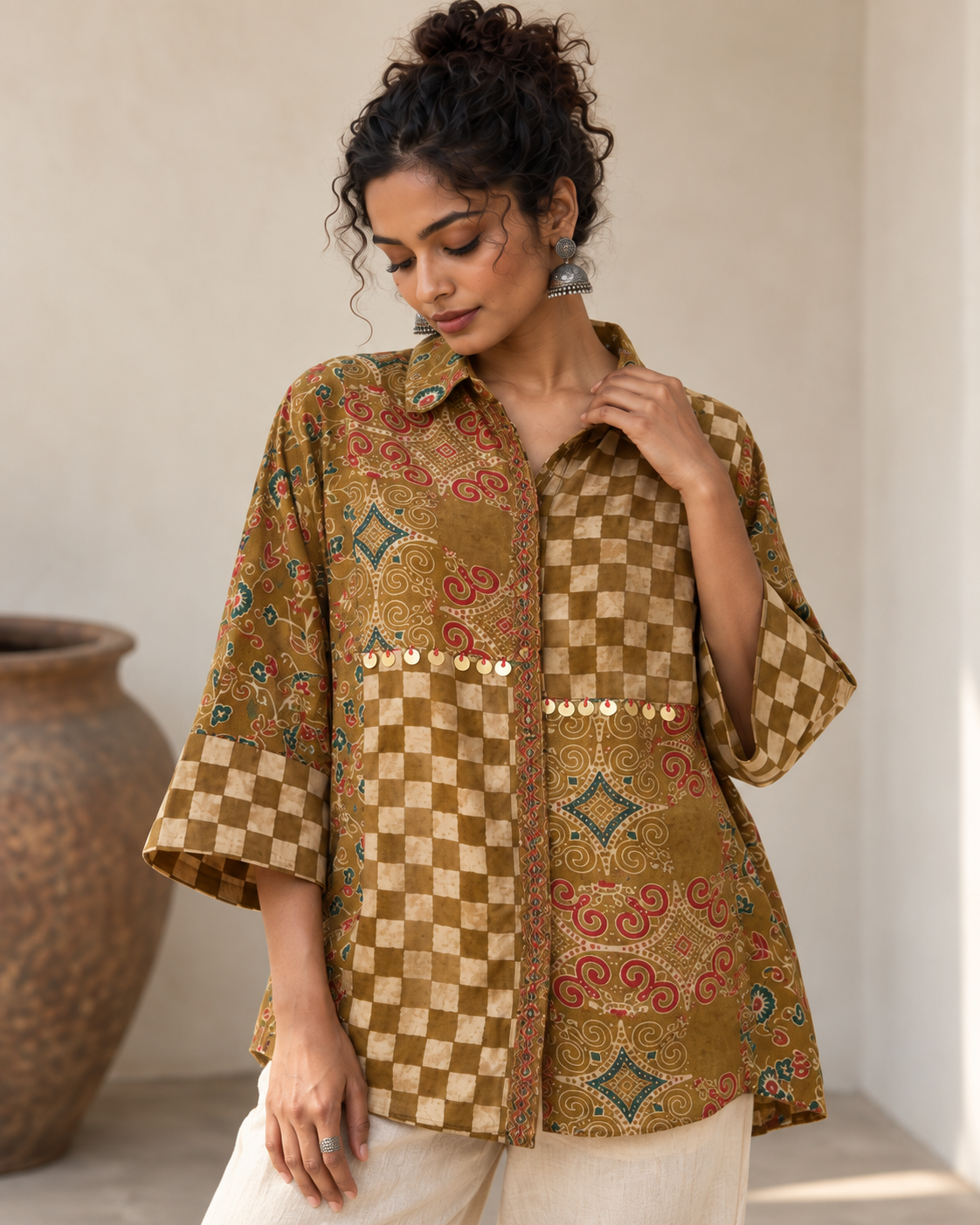 Relaxed Anti Fit  Modal Silk Ajrakh Print Shirt With Coin Detailing