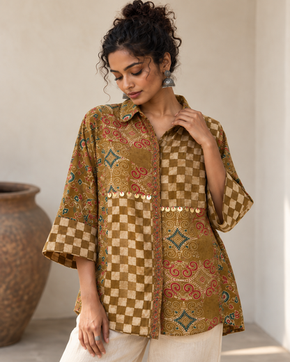 Relaxed Anti Fit  Modal Silk Ajrakh Print Shirt With Coin Detailing