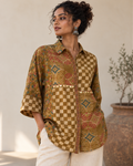 Relaxed Anti Fit  Modal Silk Ajrakh Print Shirt With Coin Detailing