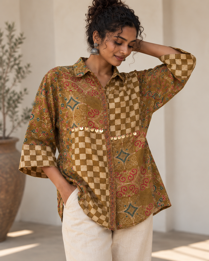 Relaxed Anti Fit  Modal Silk Ajrakh Print Shirt With Coin Detailing