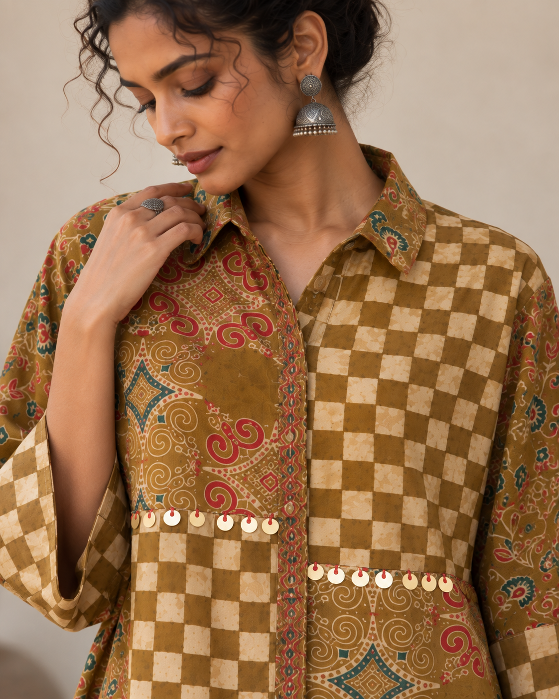 Relaxed Anti Fit  Modal Silk Ajrakh Print Shirt With Coin Detailing
