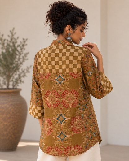 Relaxed Anti Fit  Modal Silk Ajrakh Print Shirt With Coin Detailing